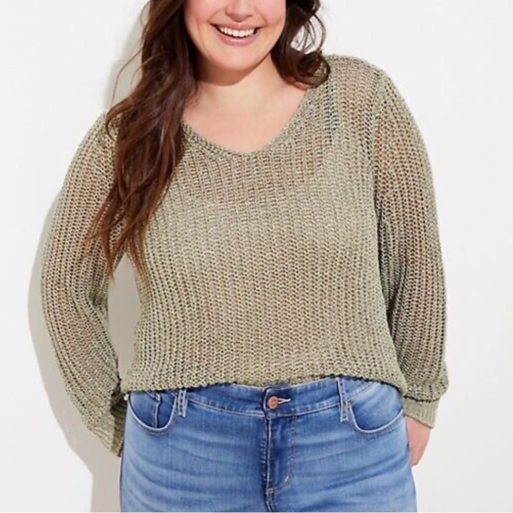 NWT Loft Open Stitch V-Neck Shimmer Sweater in Green